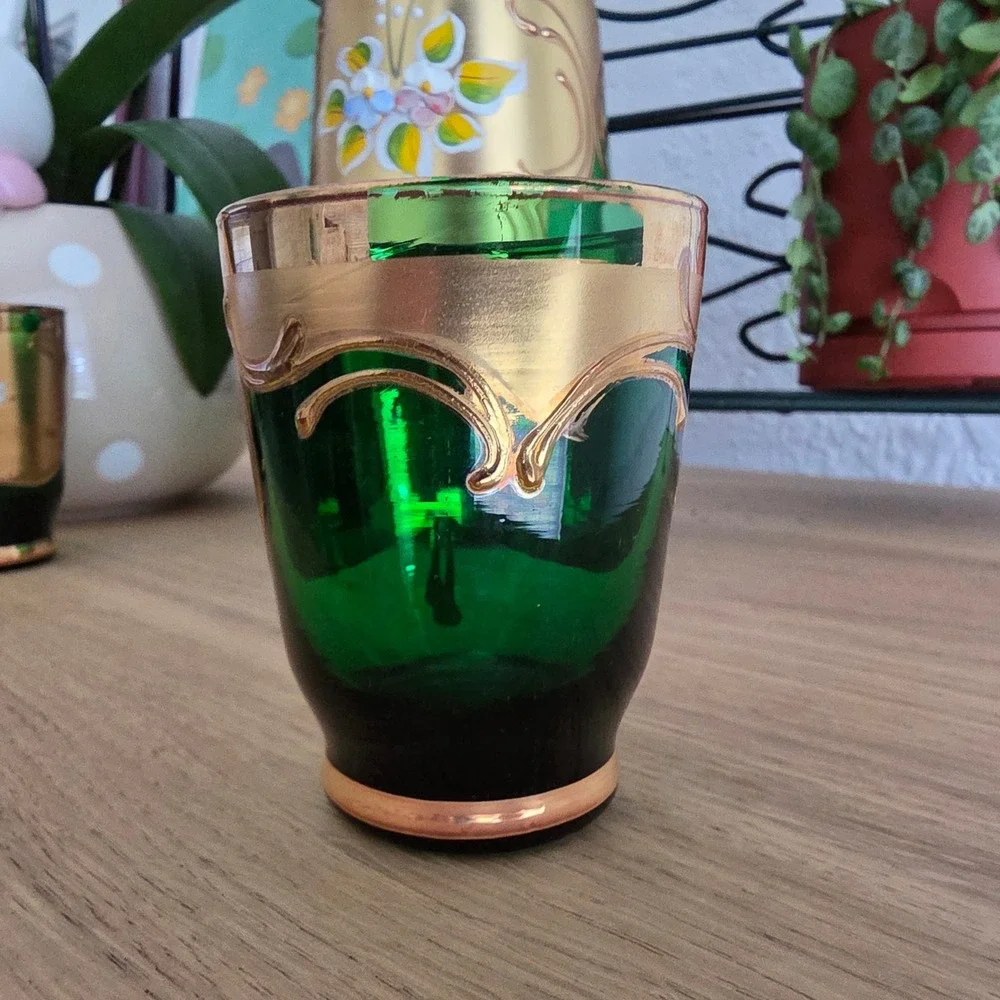 Murano Export Decanter Set Unisex OS Green 24KT Gold Hand Made Floral 5pc Set‎